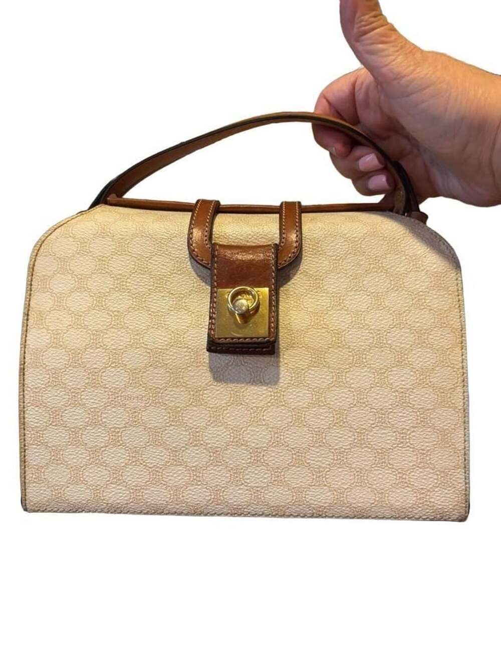 Celine Vintage Macadam Canvas And Leather Top Handle Bag